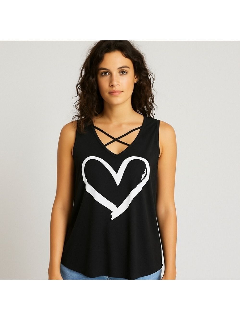 SHEIN Criss-Cross Heart Tank Top Boho Casual Black Graphic NWOT Heart Top